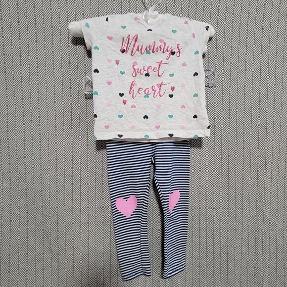 Cat&Jack/Primark "Mommy's Sweet Heart" Shirt &Blue Stripped Heart Legging Outfit - Picture 1 of 11